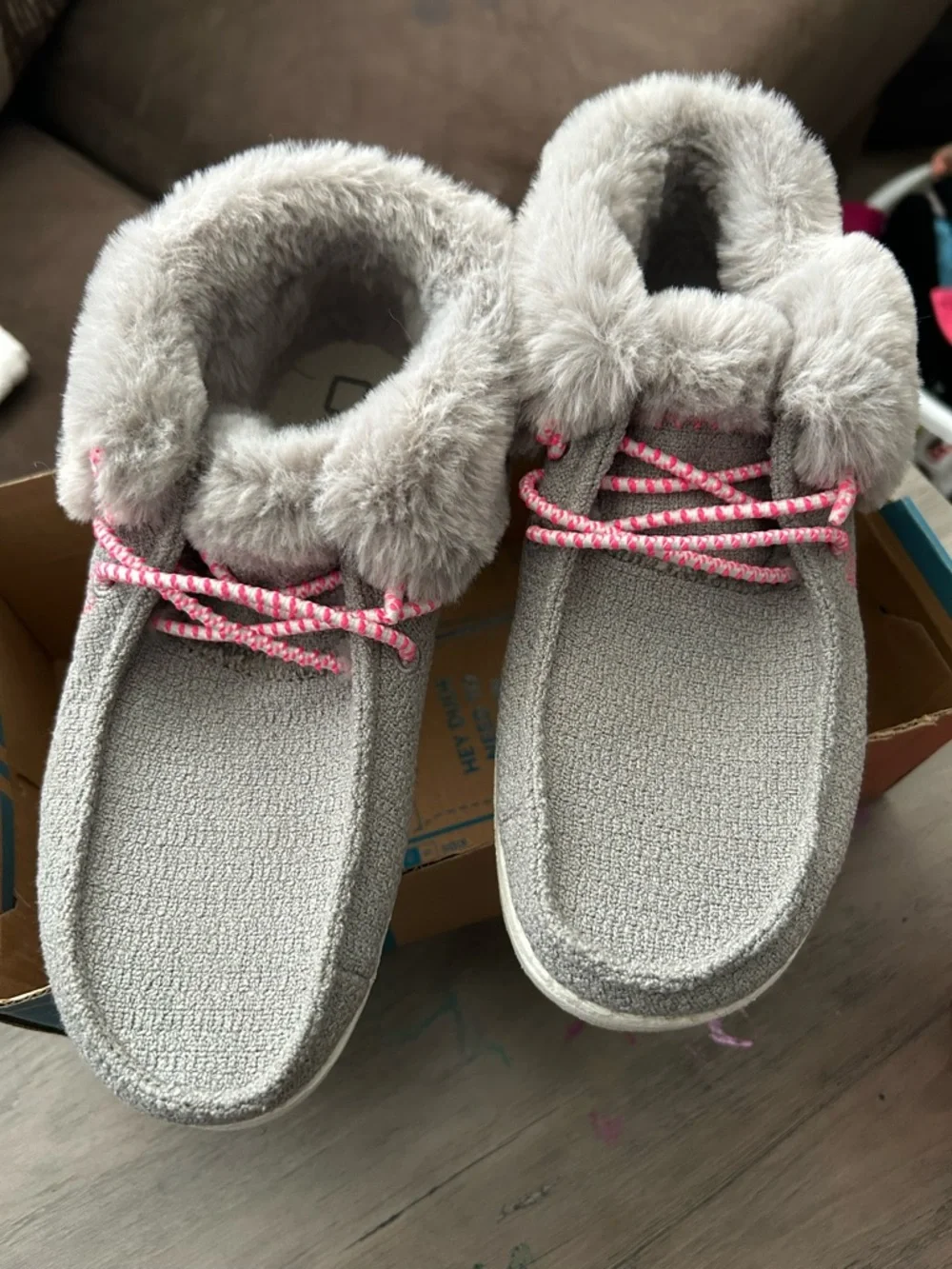 Hey Dude Kids Moccasins in Gray and White with Faux Fur Trim